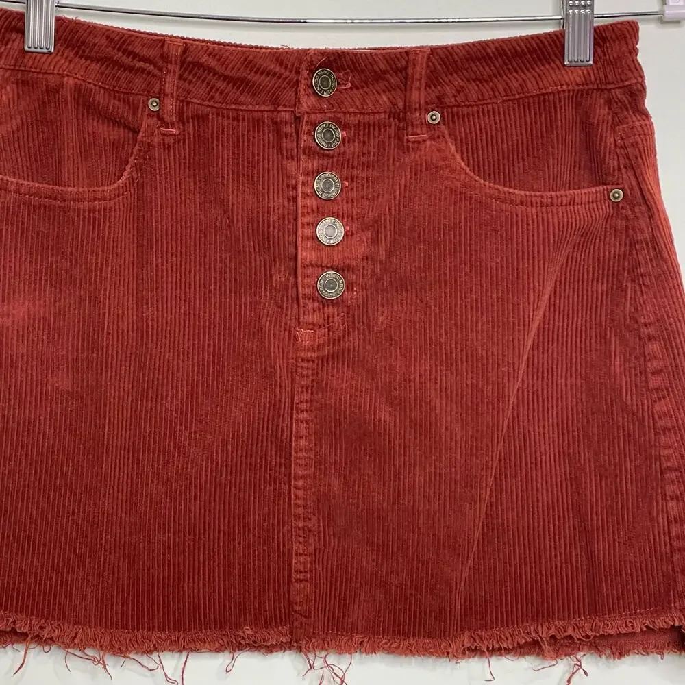 Indigo Rein Corduroy A-Line Mini Skirt Button Front Raw Hem Burnout‎ Orange 3/25